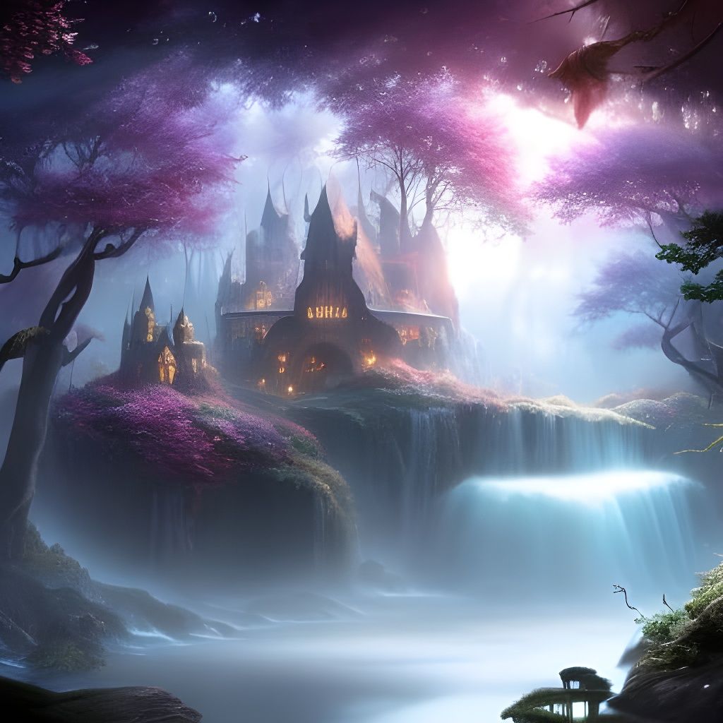 Cosmic Landscape with Treehouses in Cyberpunk Style