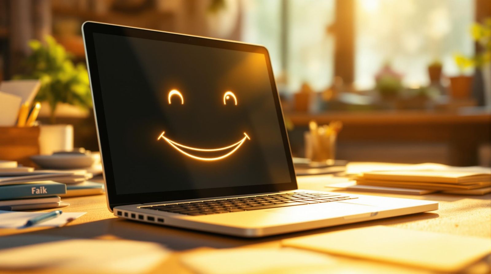 Happy Laptop Computer Portrait in Sunny Office