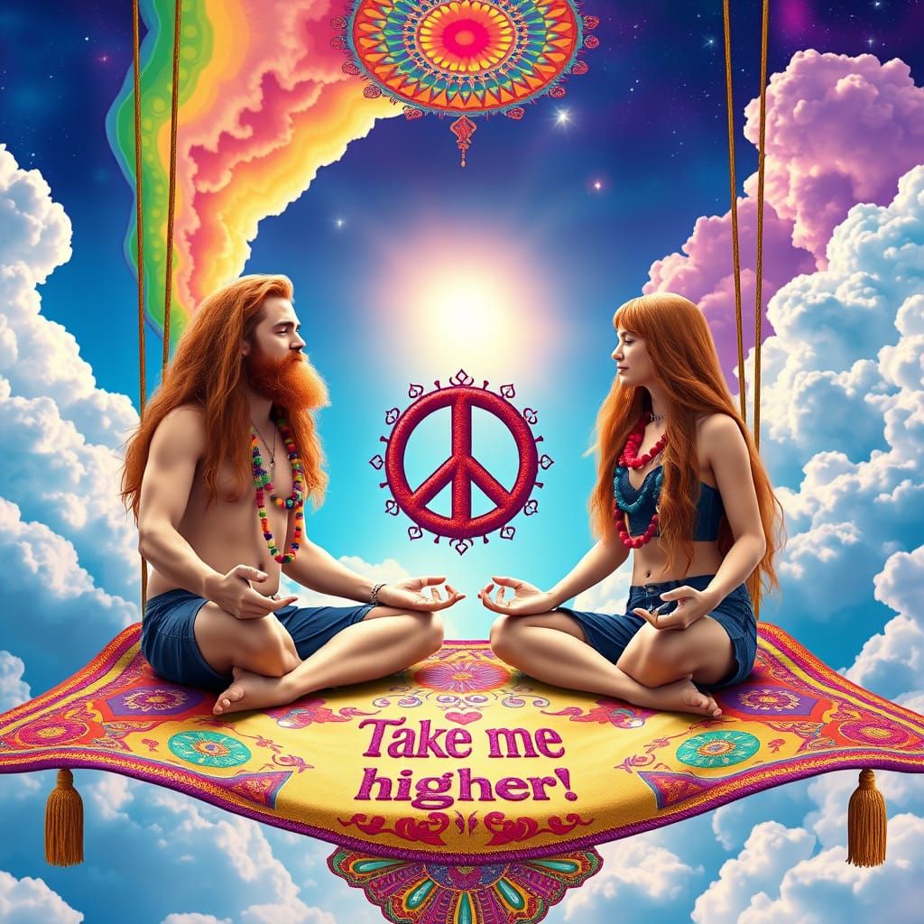 Young Man and Woman on Magic Carpet in the Sky