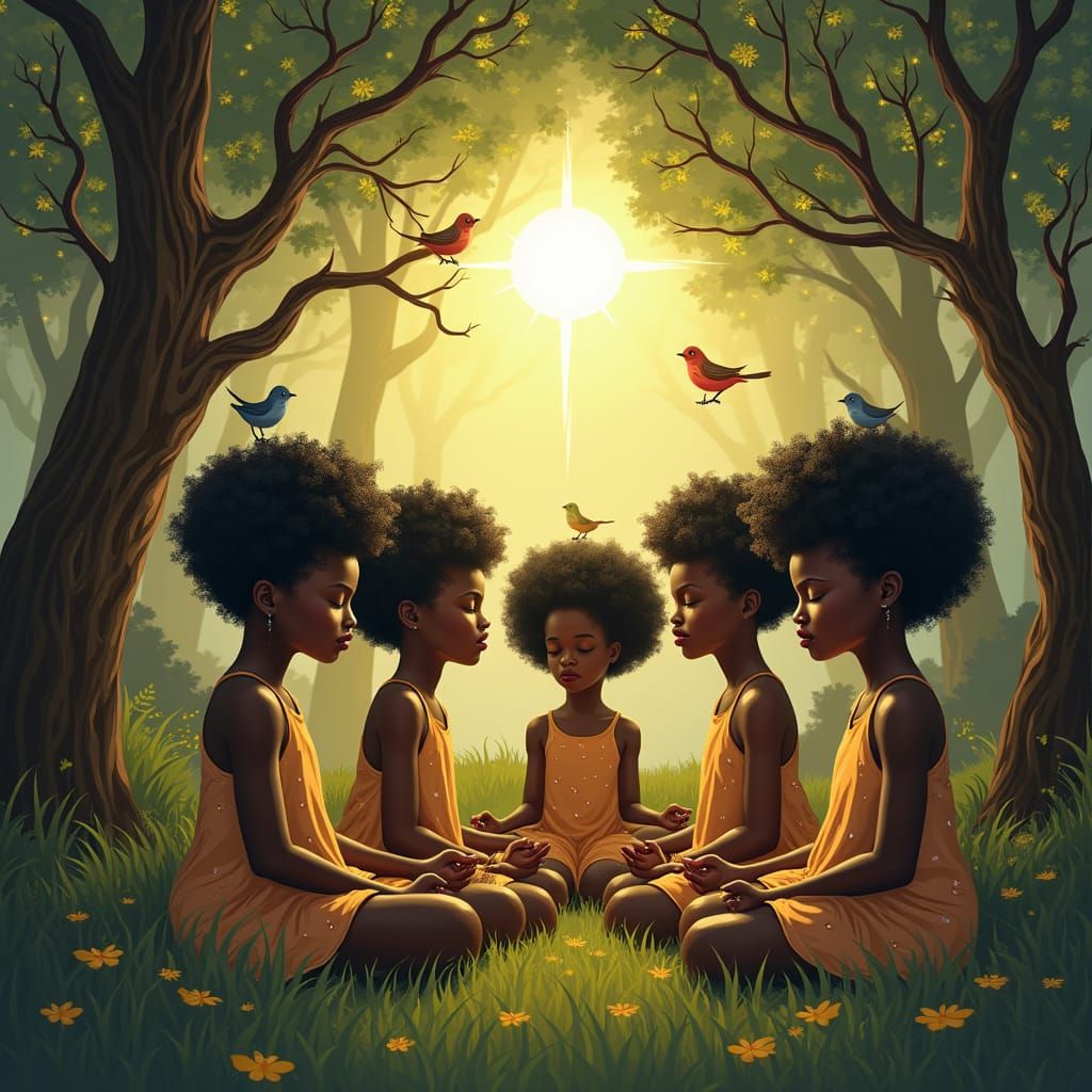 Black Girls Meditate in Forest Clearing with Twisted Tree Ha...