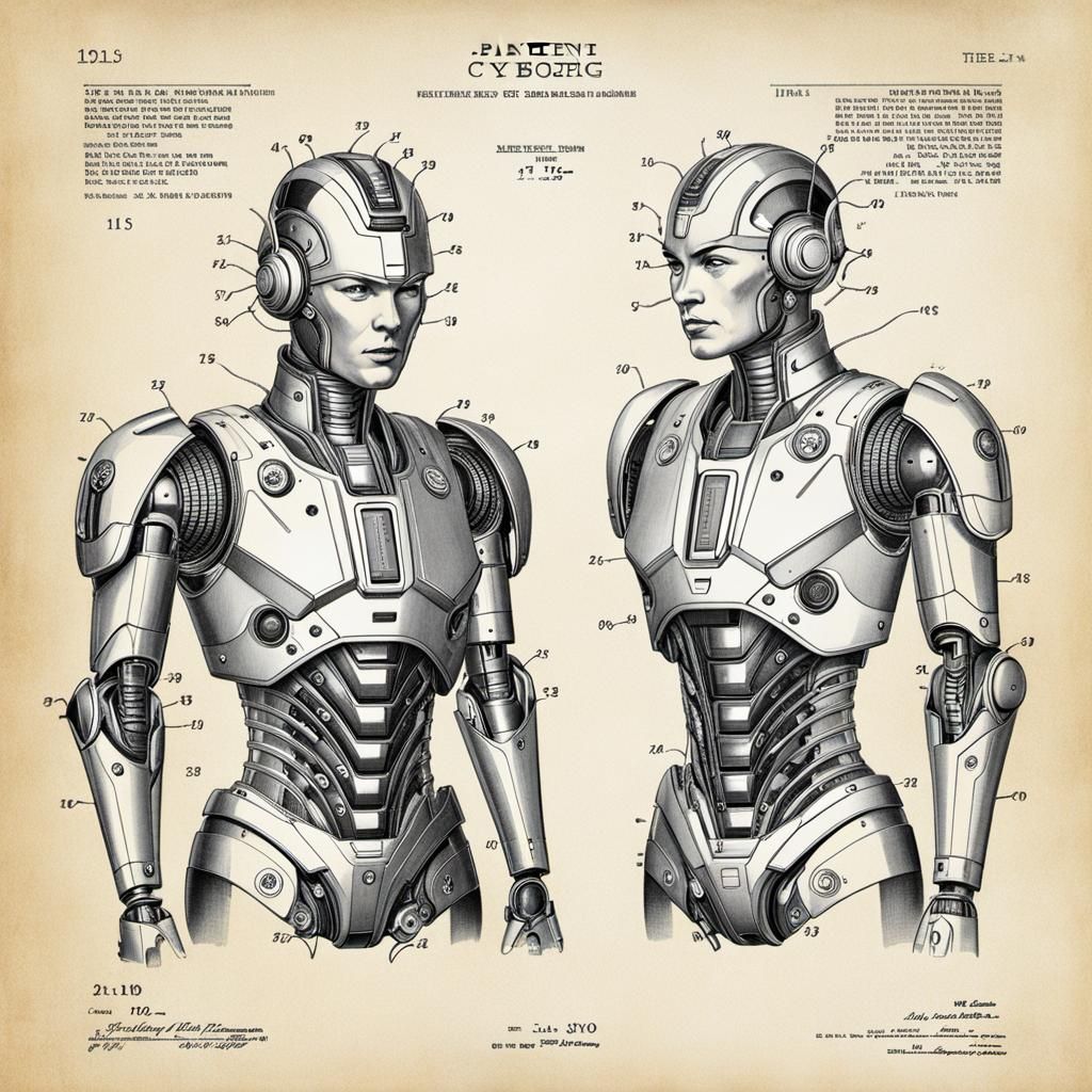 Cyborg Patent Drawing in Scientific Sci-Fi Style