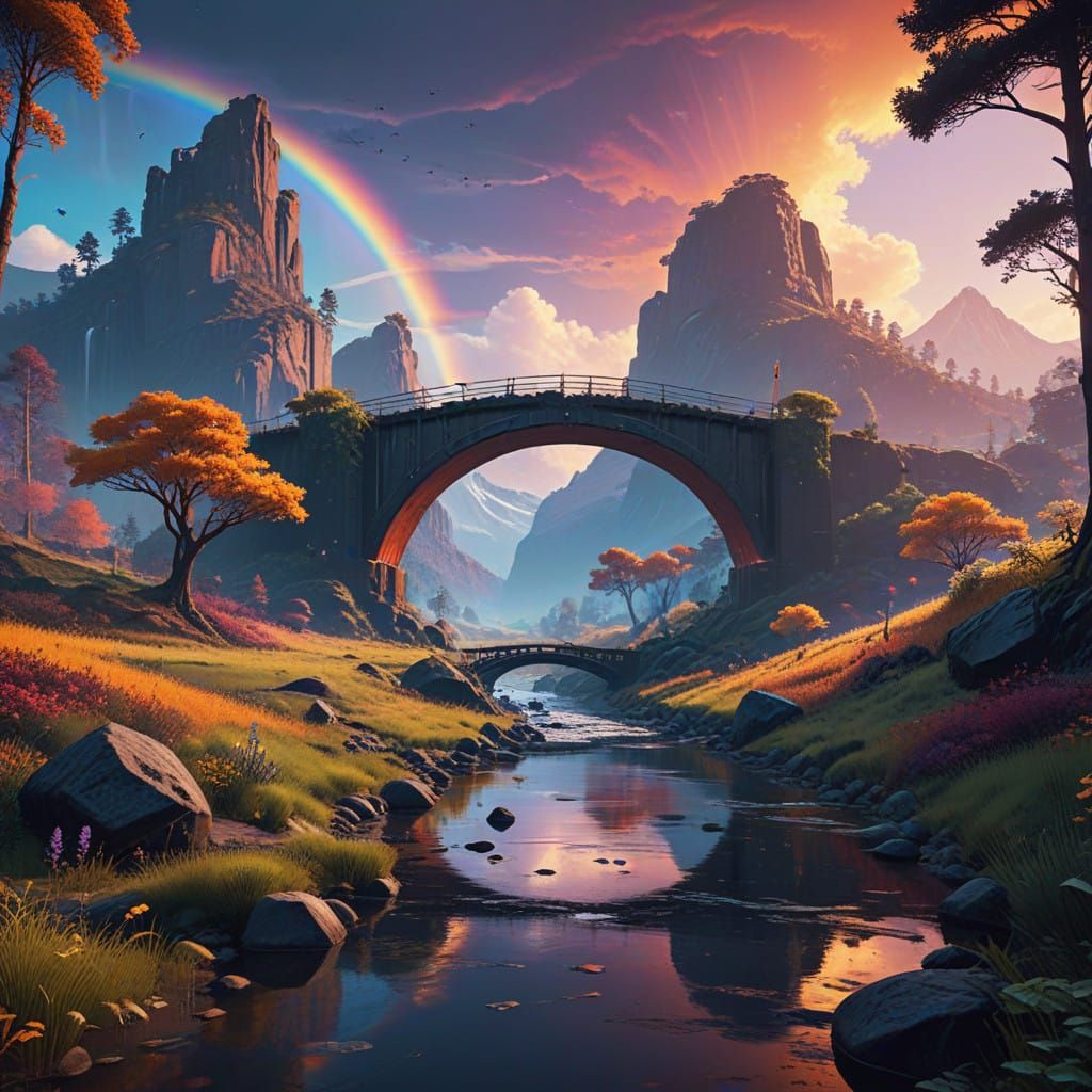 Vivid Rainbow Bridge Scene in Seapunk Aesthetic