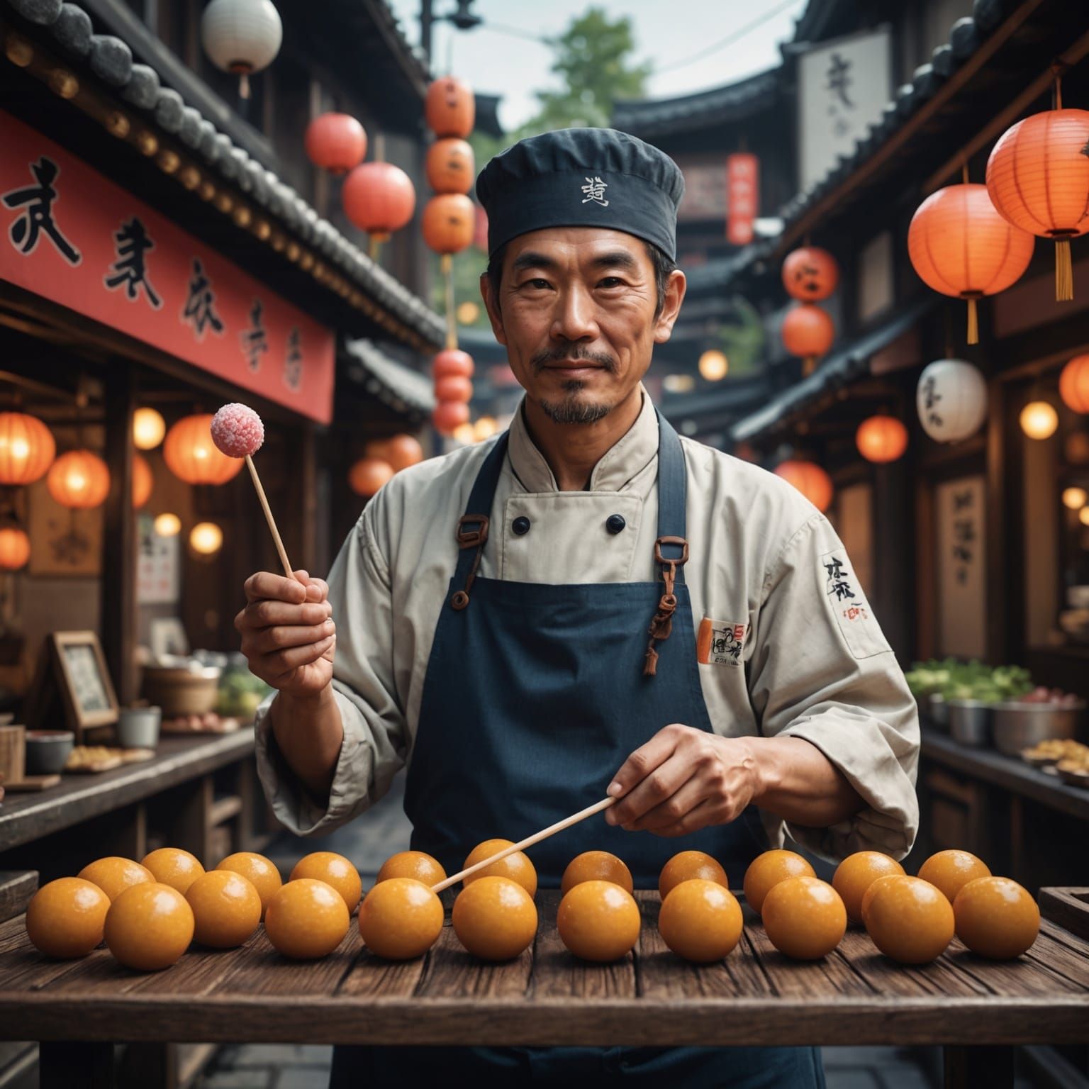 Japanese Street Cook Serving Dango: Fantasy Concept Art