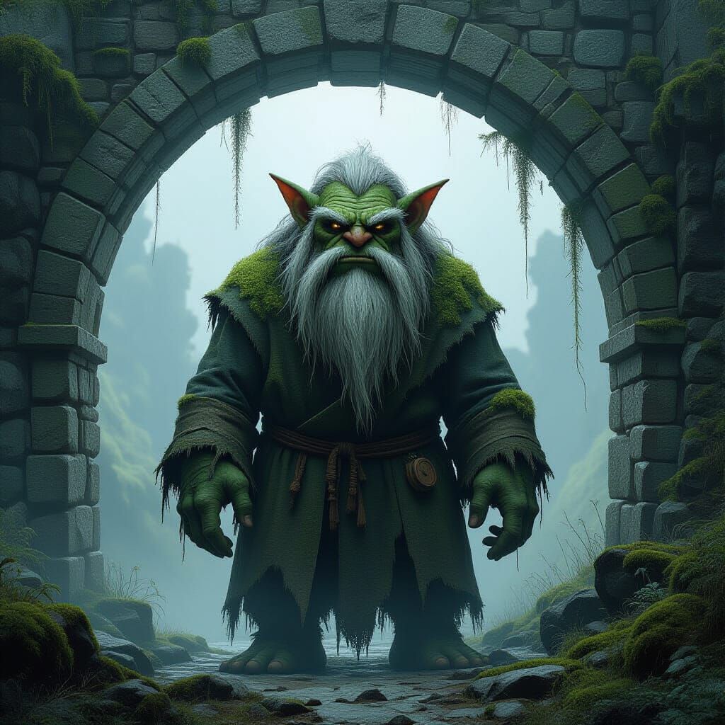 Mossy Troll Under Ancient Bridge in Misty Atmosphere