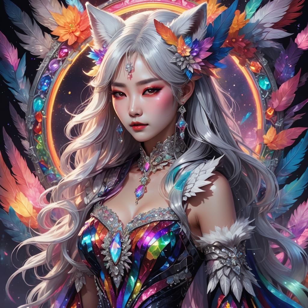 Korean Vampire Queen with Rainbow Dress in Anime Style