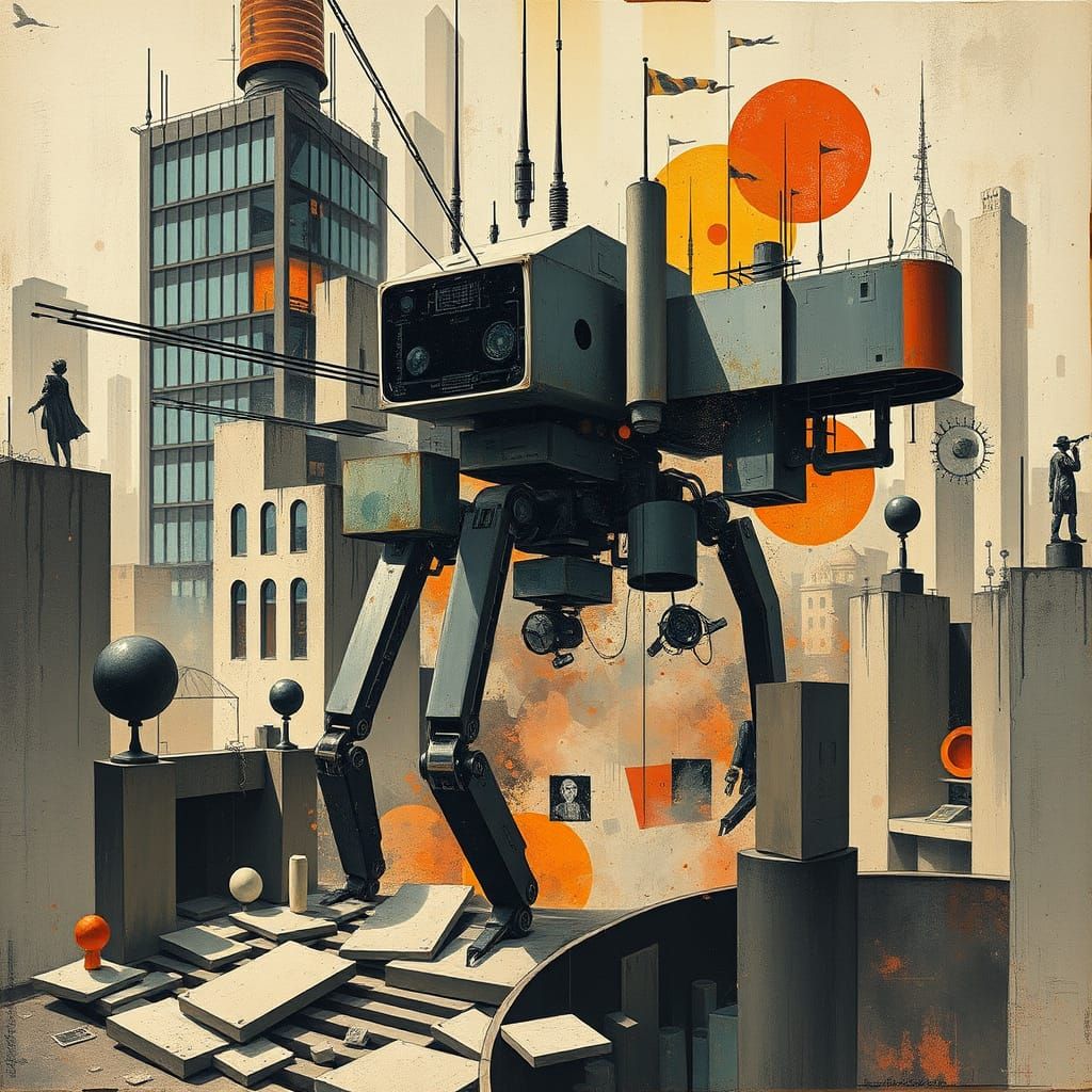 Cubist Android Weeps in Dystopian Bauhaus Ruins