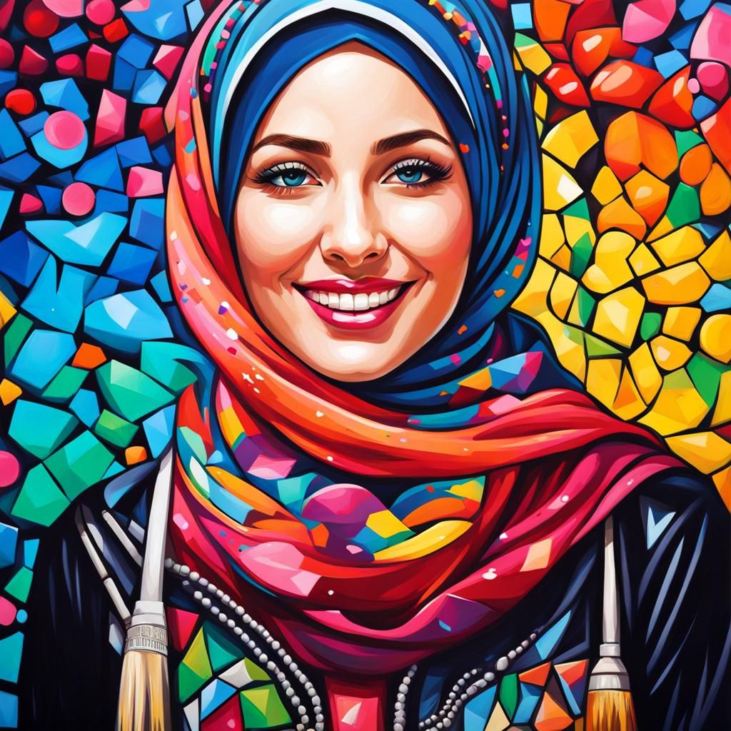 Beautiful Woman with Hijab in Street Art Mosaic