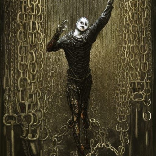 Cyberpunk Undead Lunatic in Chains: Detailed Gouache Illustr...