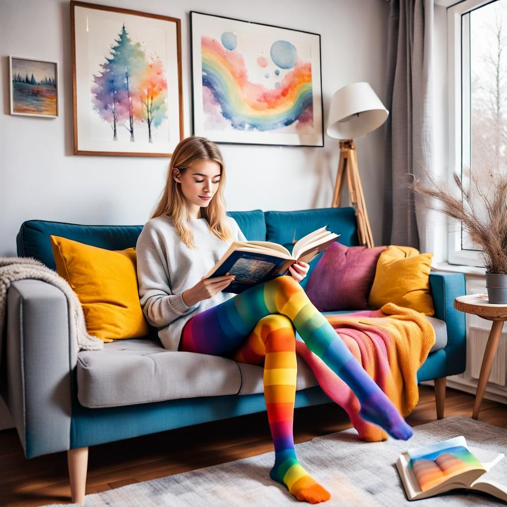 Ink Painting of Girl Reading in Scandinavian Interior