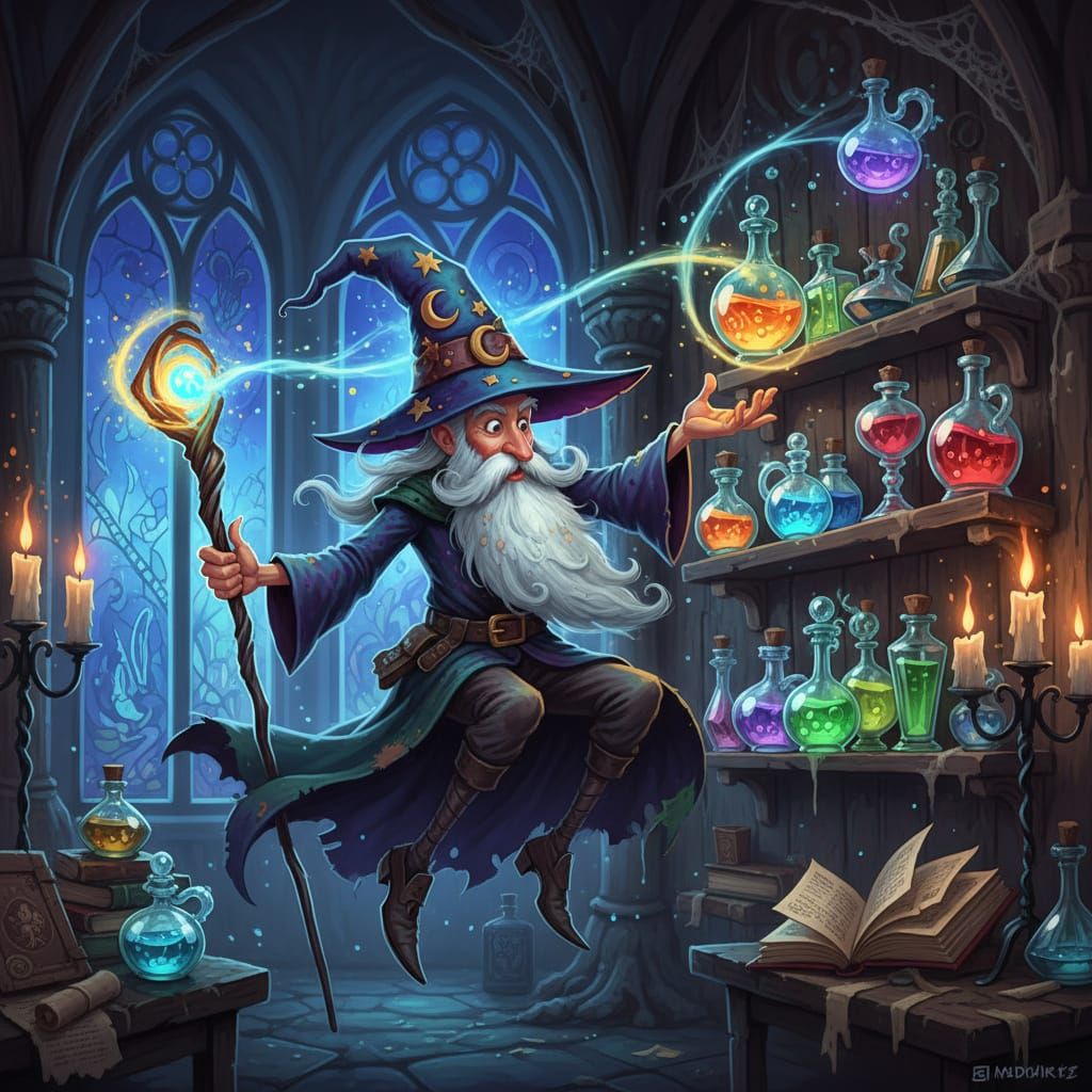 Wizard Levitating Potions in Cartoonish Style