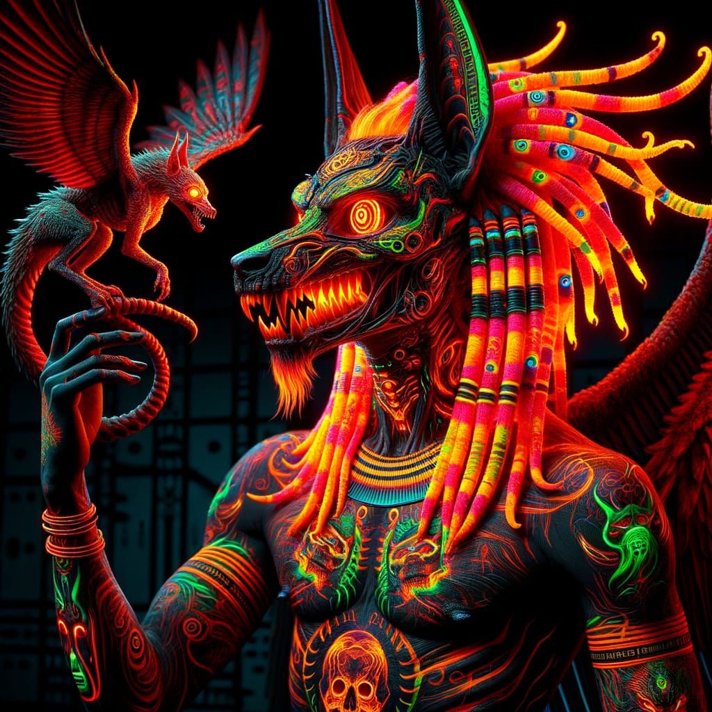 Eerie Neon Anubis with Skeletal Dragon