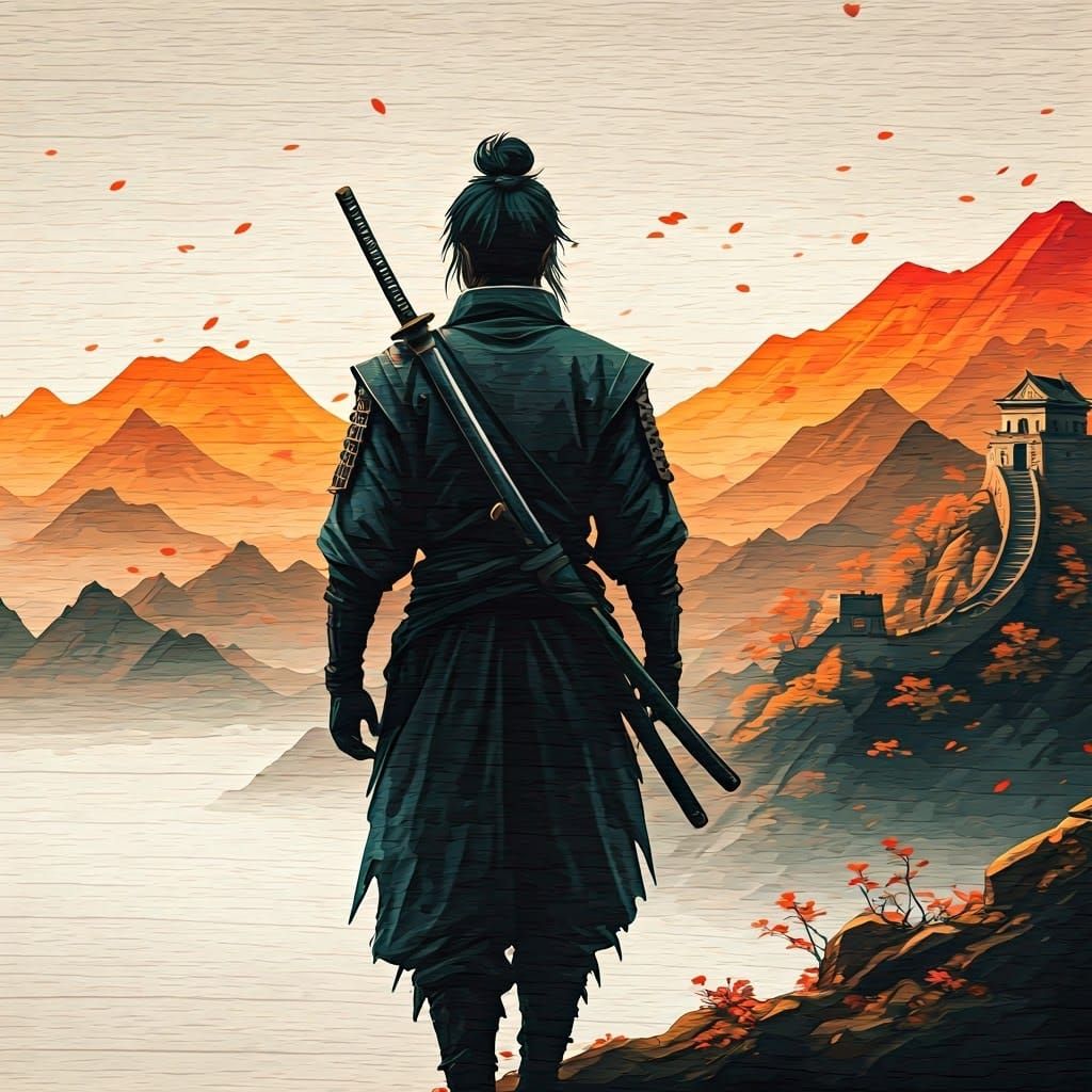 Samurai at Great Wall in Autumn, Ukiyo-e Style