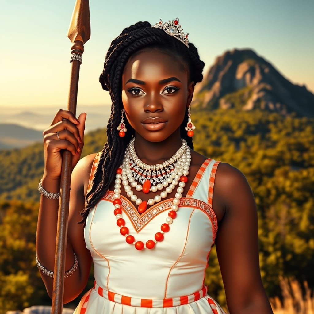 African American Woman in Vibrant Gown with Spear, Standing ...