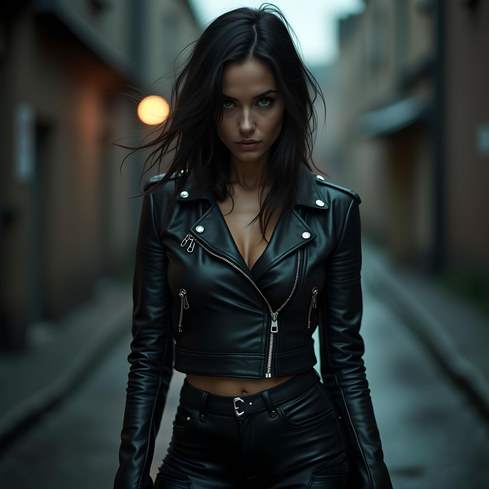 Woman with Sparkling Eyes in Leather Outfit