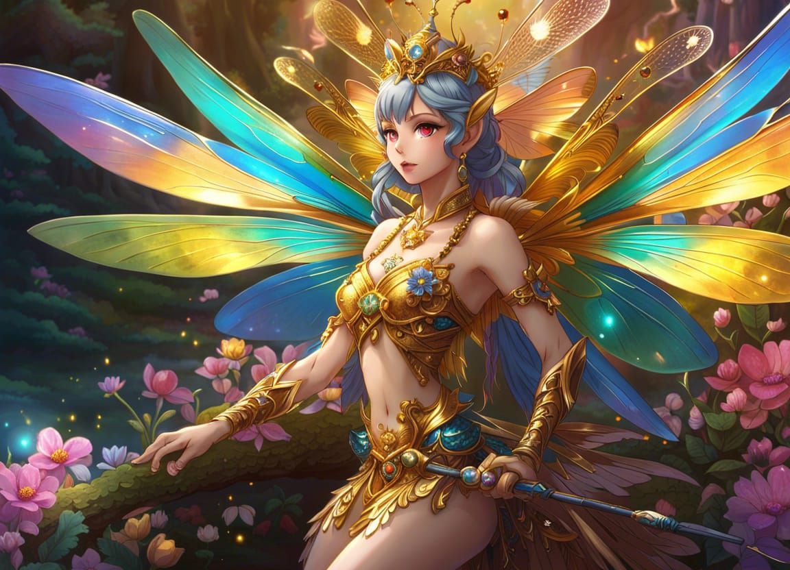 Gem-Dragonfly Fairy with Golden Wings in Anime Style