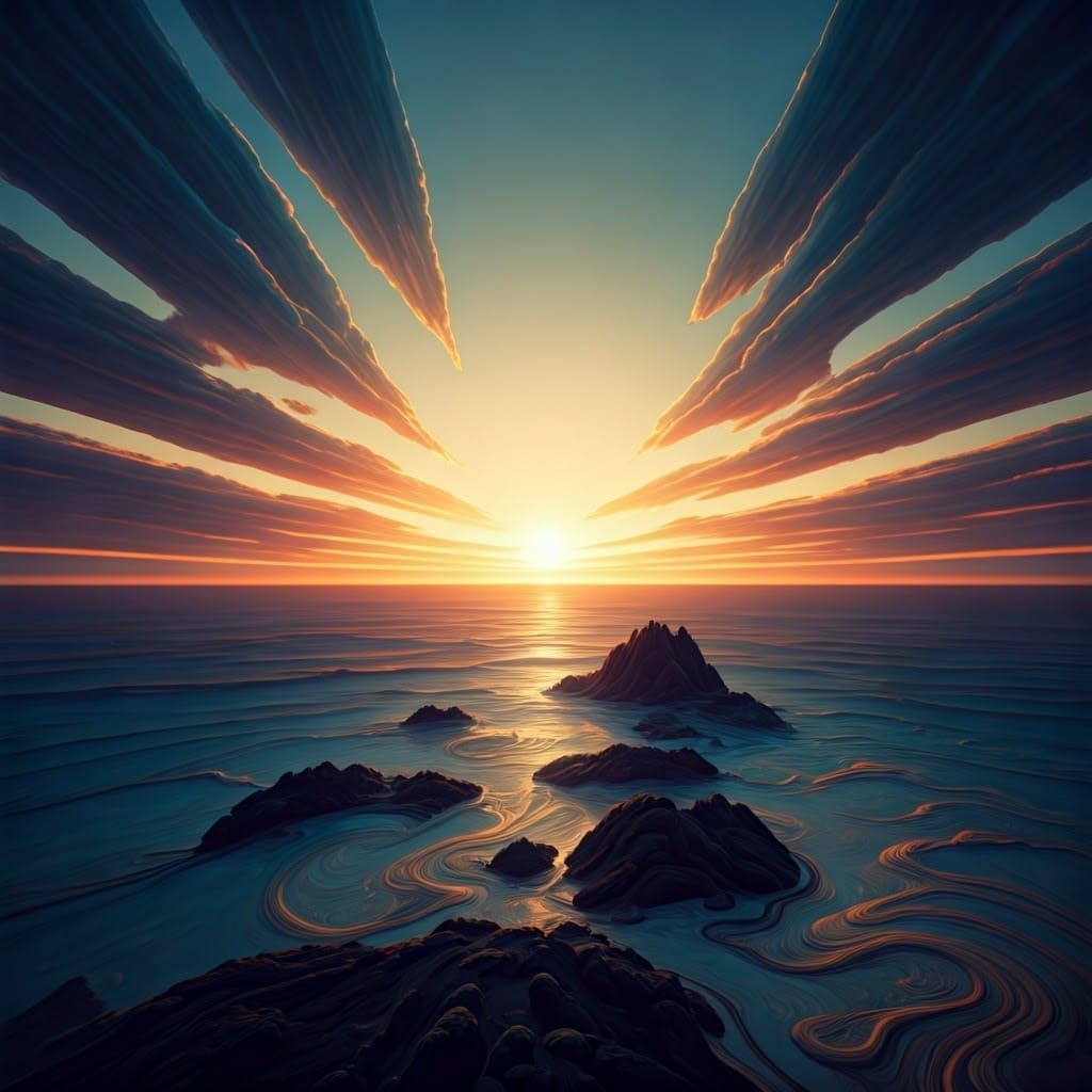 Dreamlike Sunset: Swirling Clouds Meet Rocky Hills