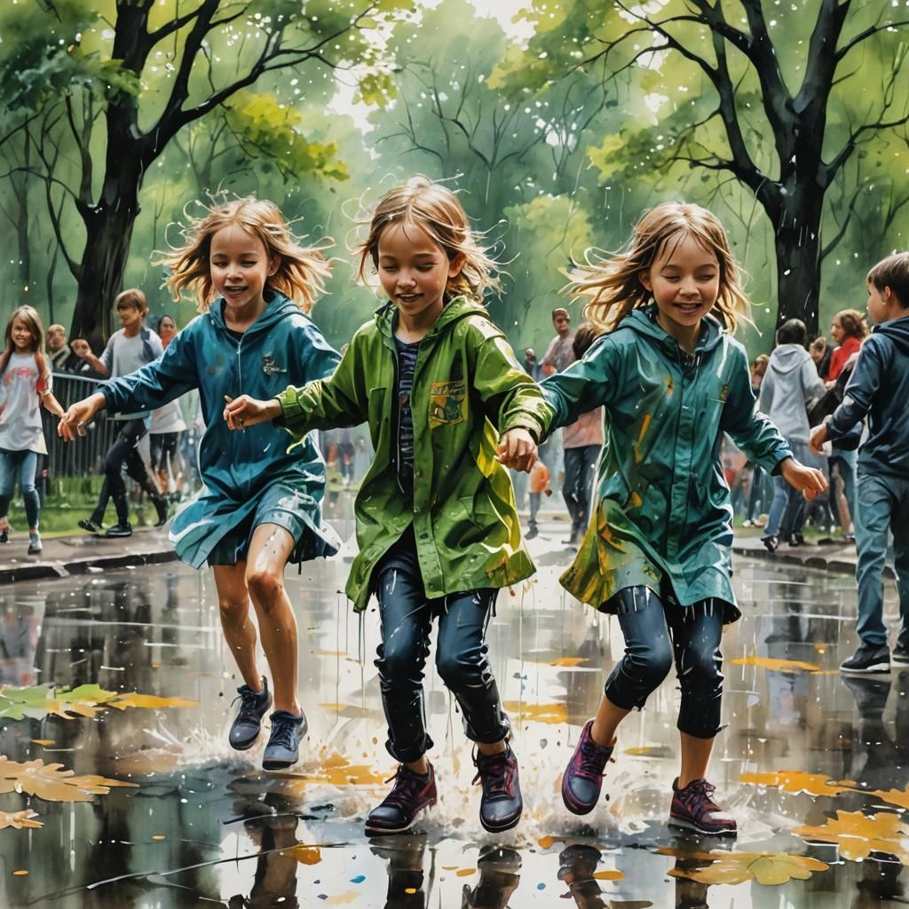 Children Dancing in Central Park: Watercolor Impression