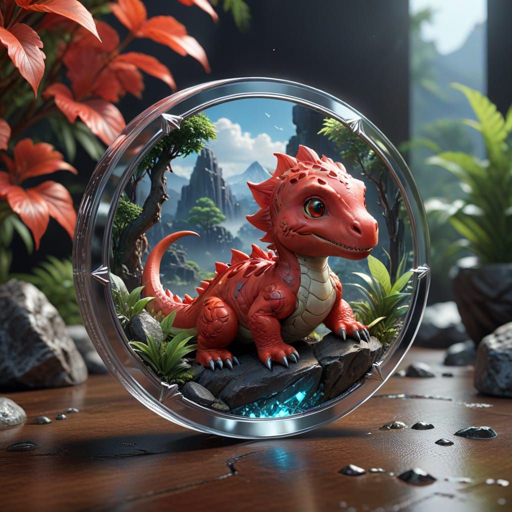 Vibrant 3D Anime Coin with Adorable Red Dinosaur