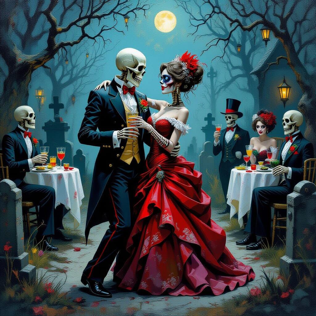 Zombie Prom Couple Dancing in Eerie Graveyard Oil Painting