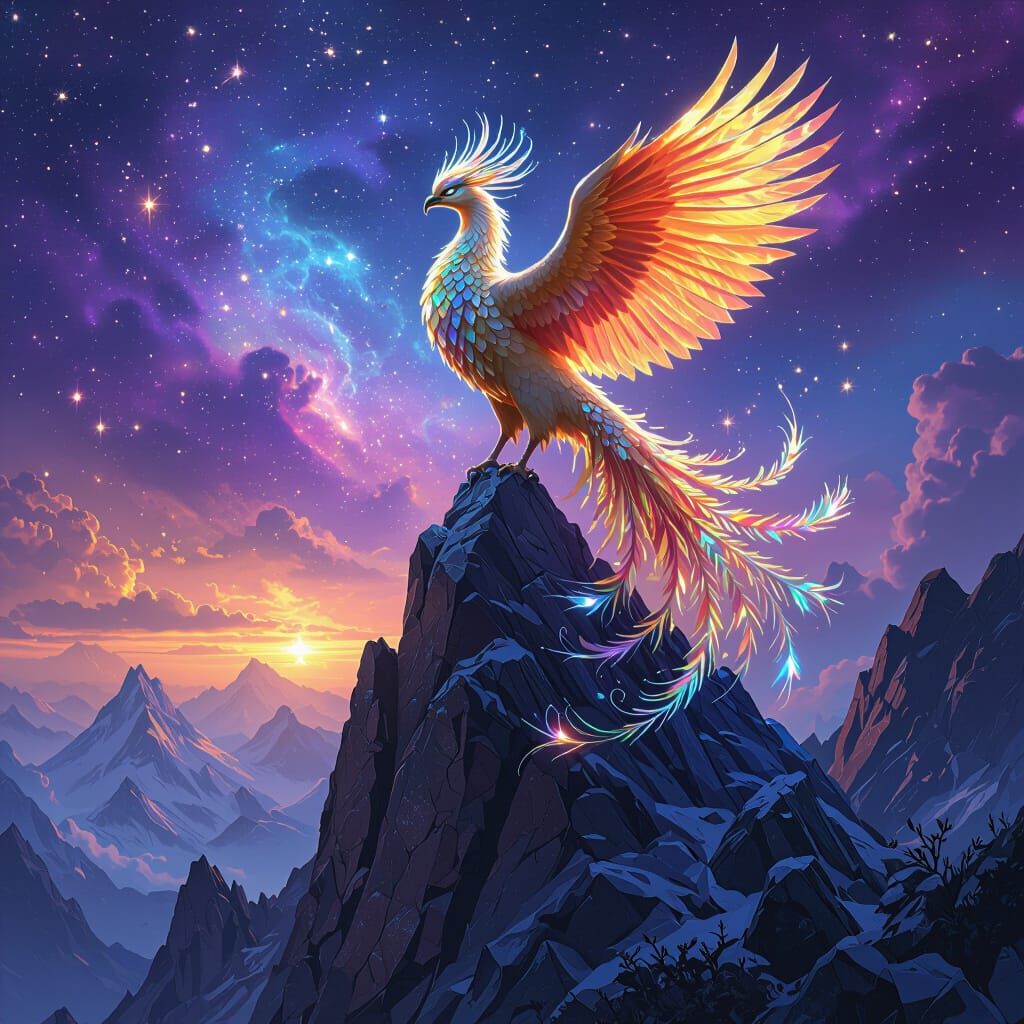 Iridescent Phoenix on Crystalline Peak in Fantasy Style