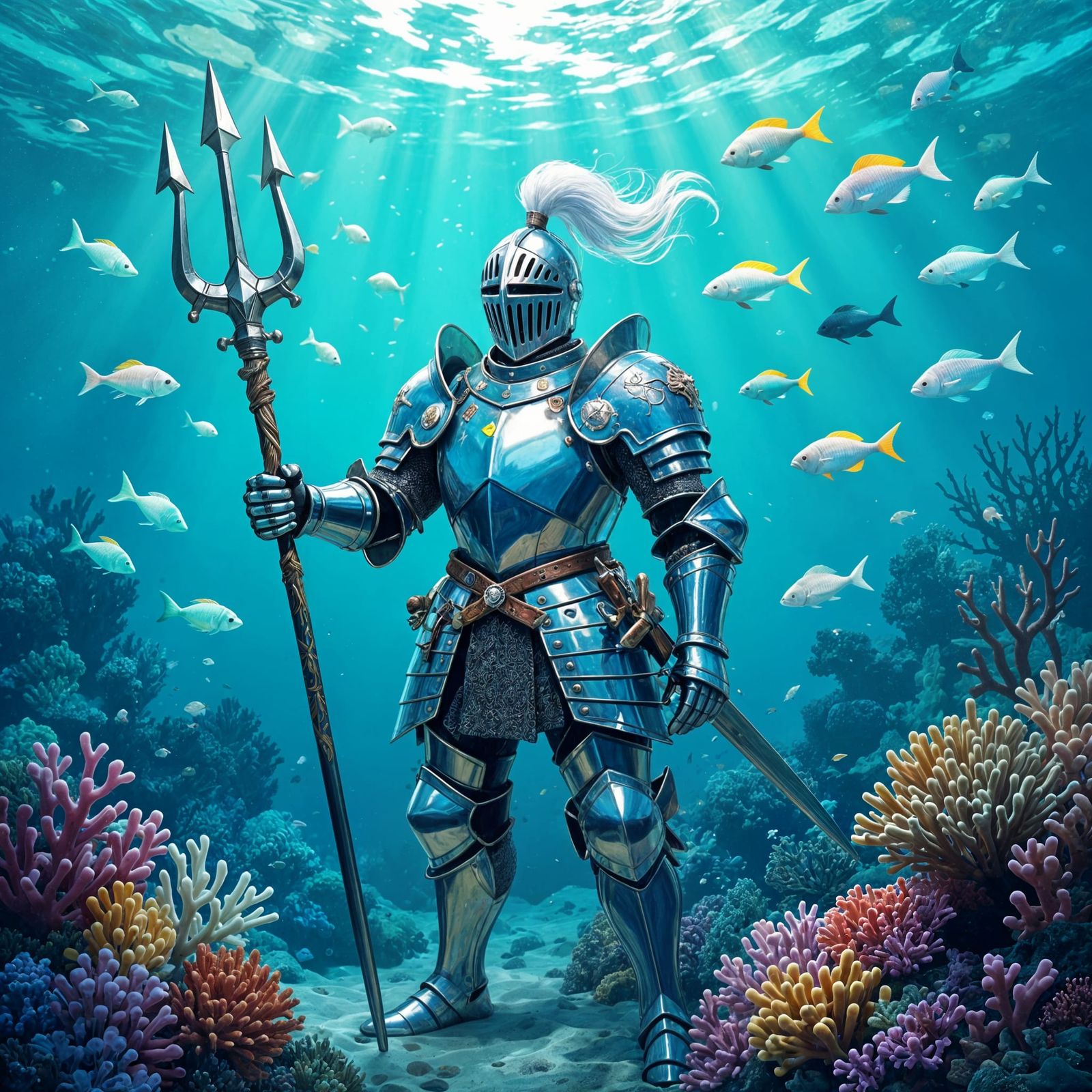Seaglass Knight Guarding Coral Reef in Digital Painting Styl...
