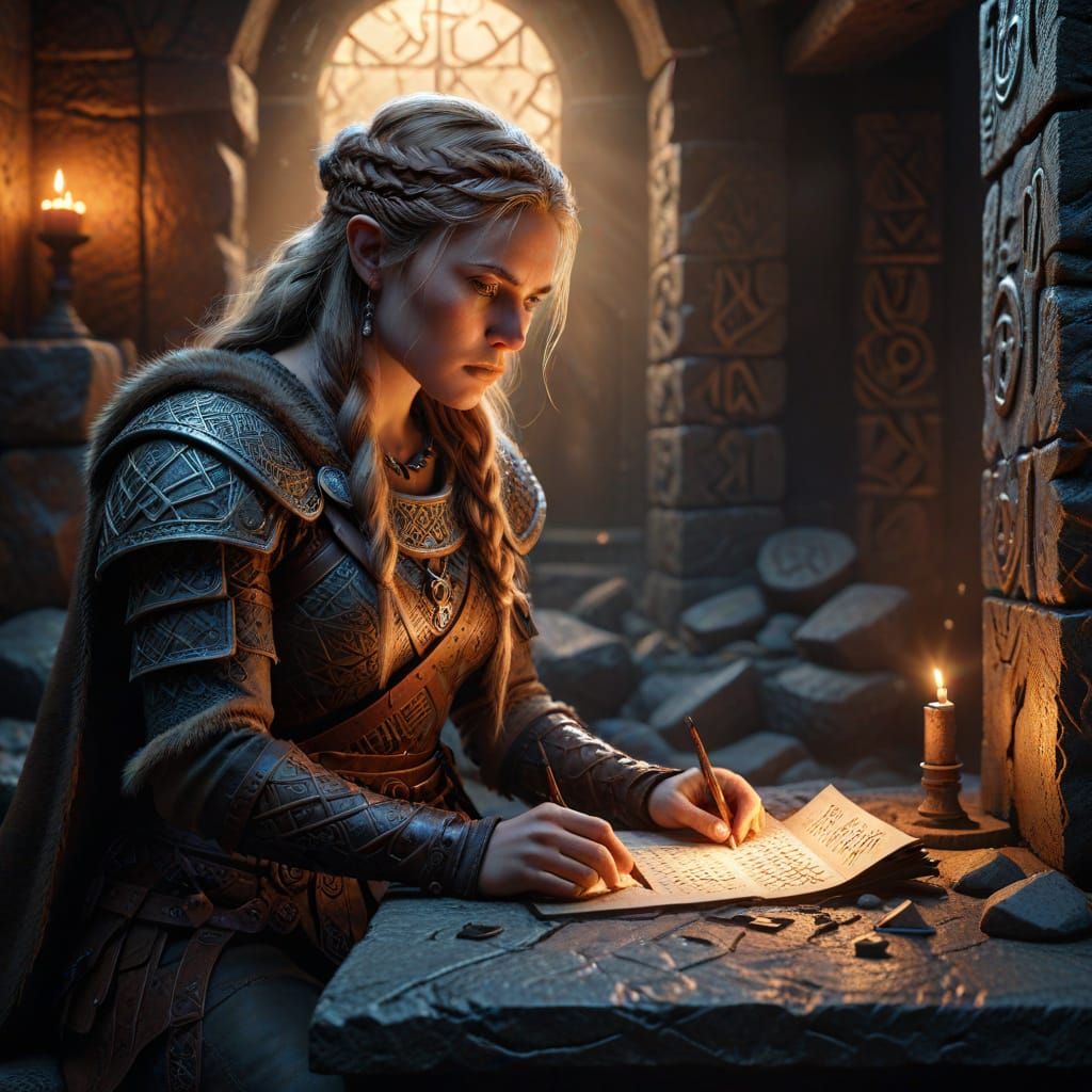 Viking Woman Studying Glowing Runes in Stone Chamber