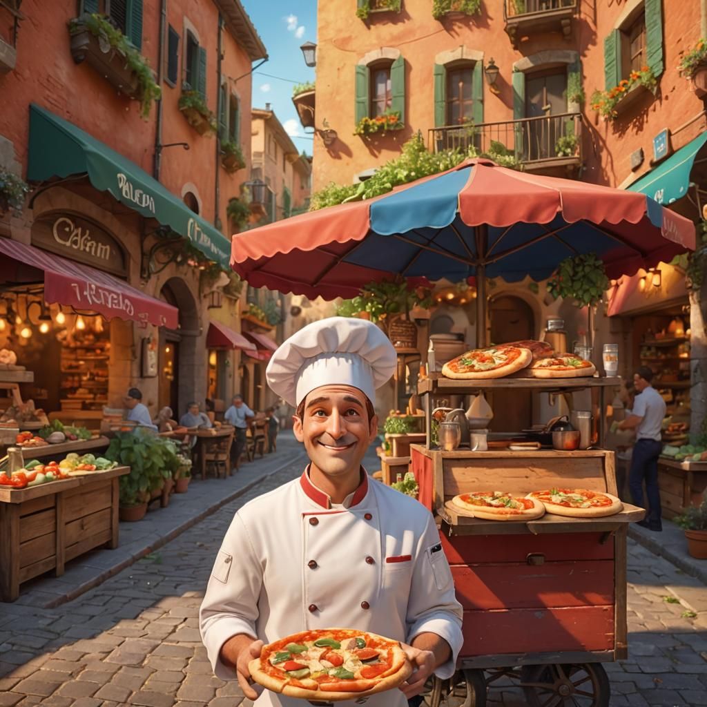 Happy Italian Chef with Pizza, Pixar-style 3D Animation