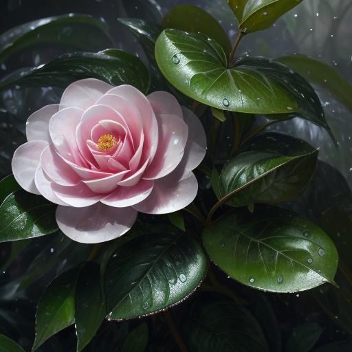 Camellia Bush in Morning Dew: Fantasy Concept Art