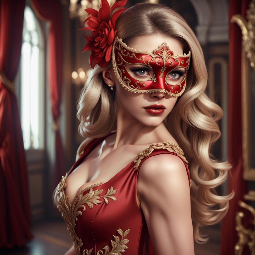 Blonde in Red Dress with Venetian Mask