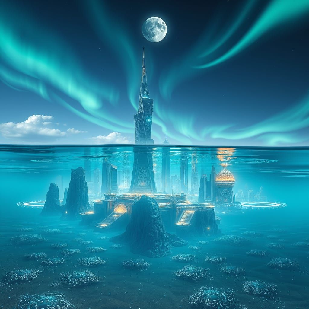 Alien City Under Transparent Ocean, in Sci-Fi Style