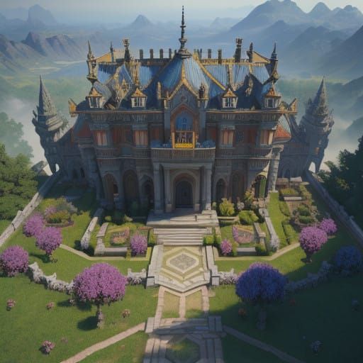 Surreal Fantasy Palace with Asymmetrical Garden and Intricat...