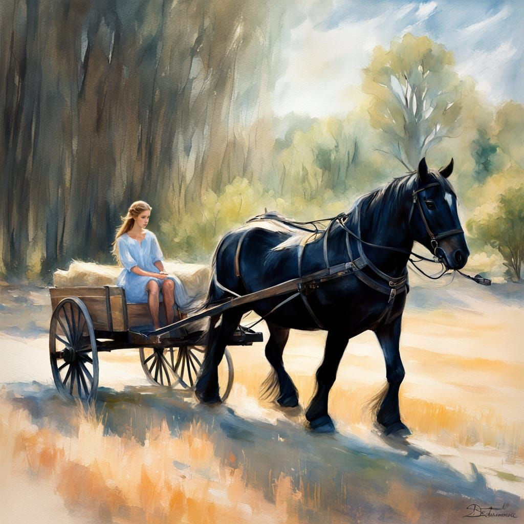 Gentle Village Girl Rides in a Horse-Drawn Wagon