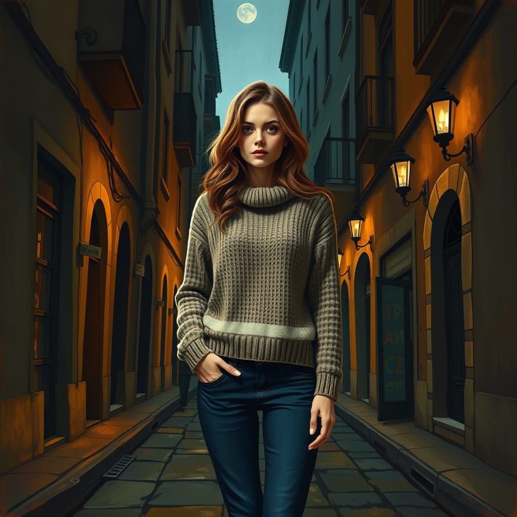 Woman in Surrealist Cubist Street Scene