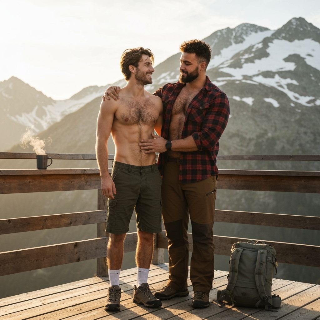 Men on Mountain Cabin Terrace at Sunrise