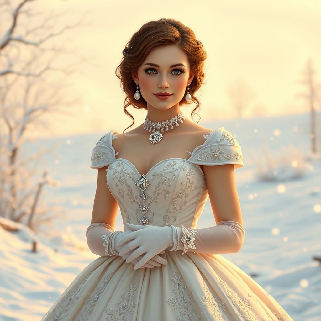 Enchanting Winter Ball Gown Scene in Nostalgic Art Deco Styl...
