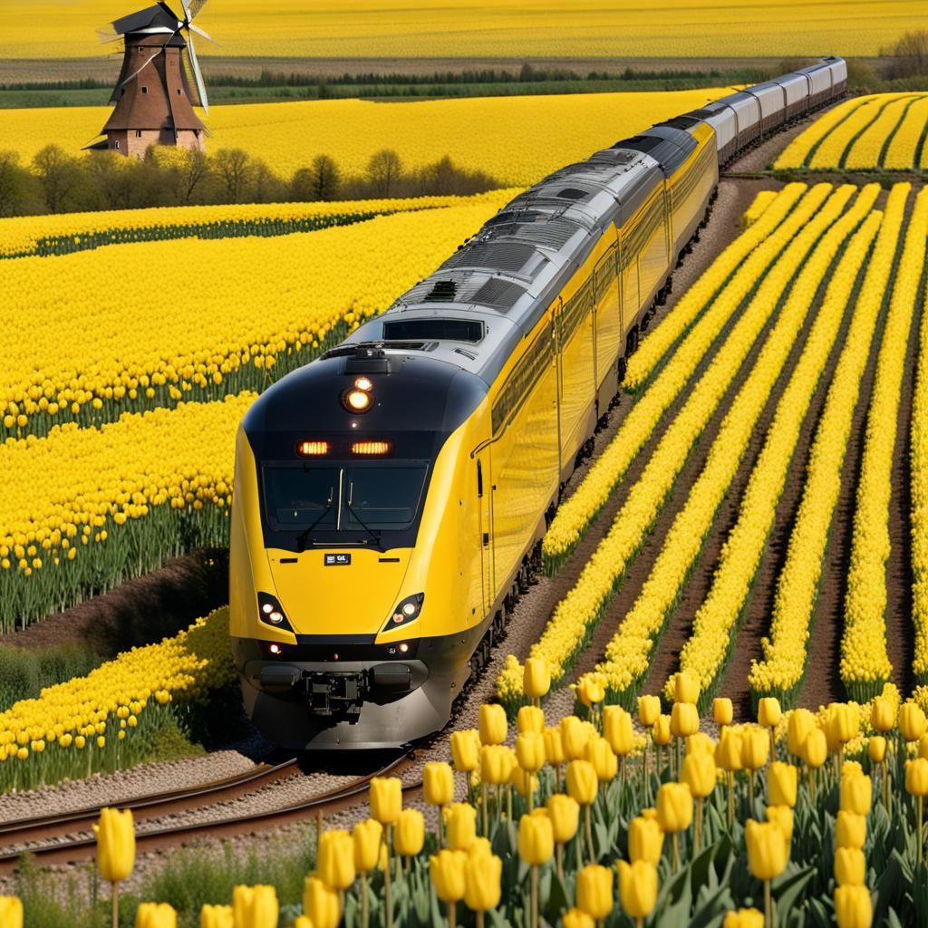 Yellow Train Journey Through Tulip Fields