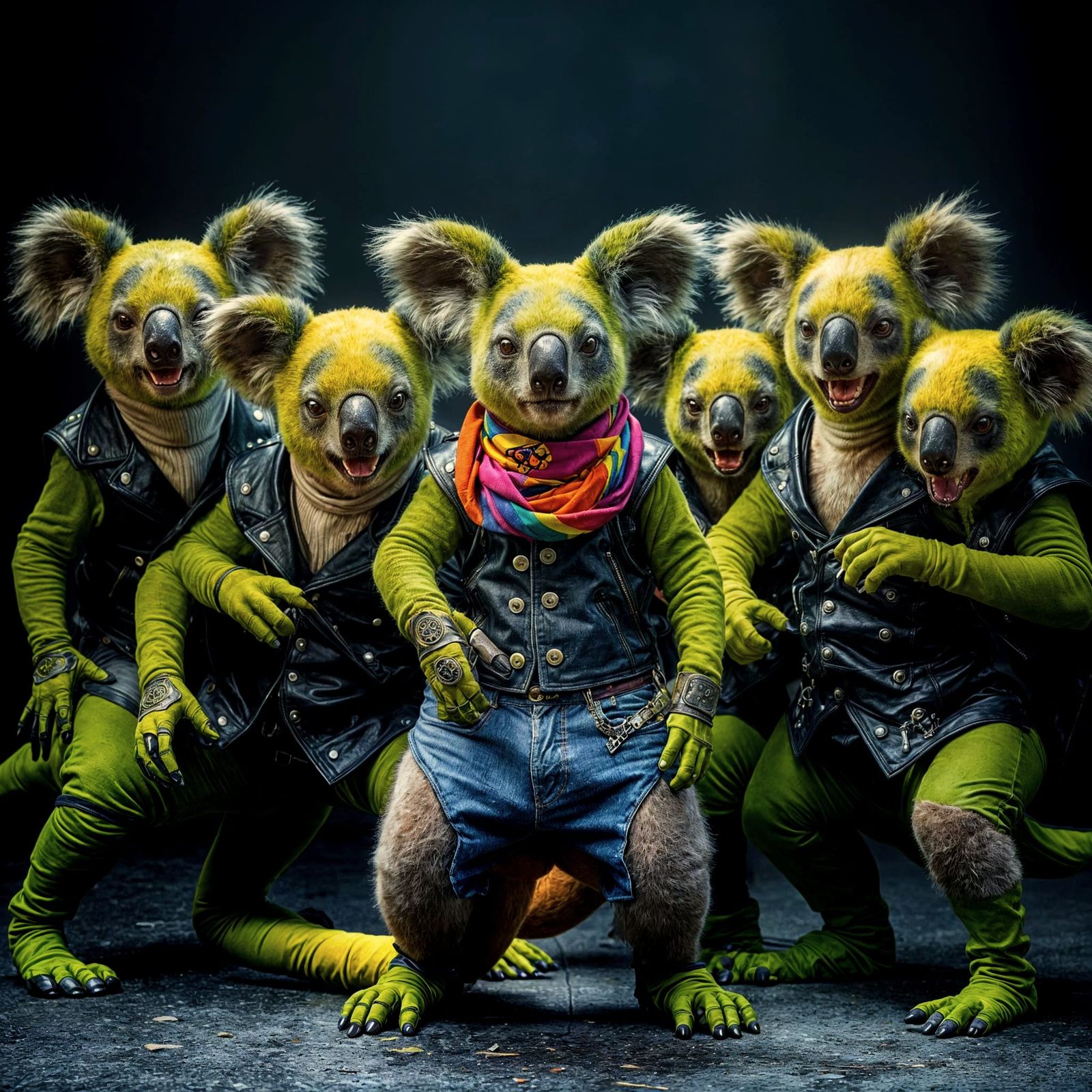 Menacing Lime Green Koala Humanoids in Shiny Black Leather