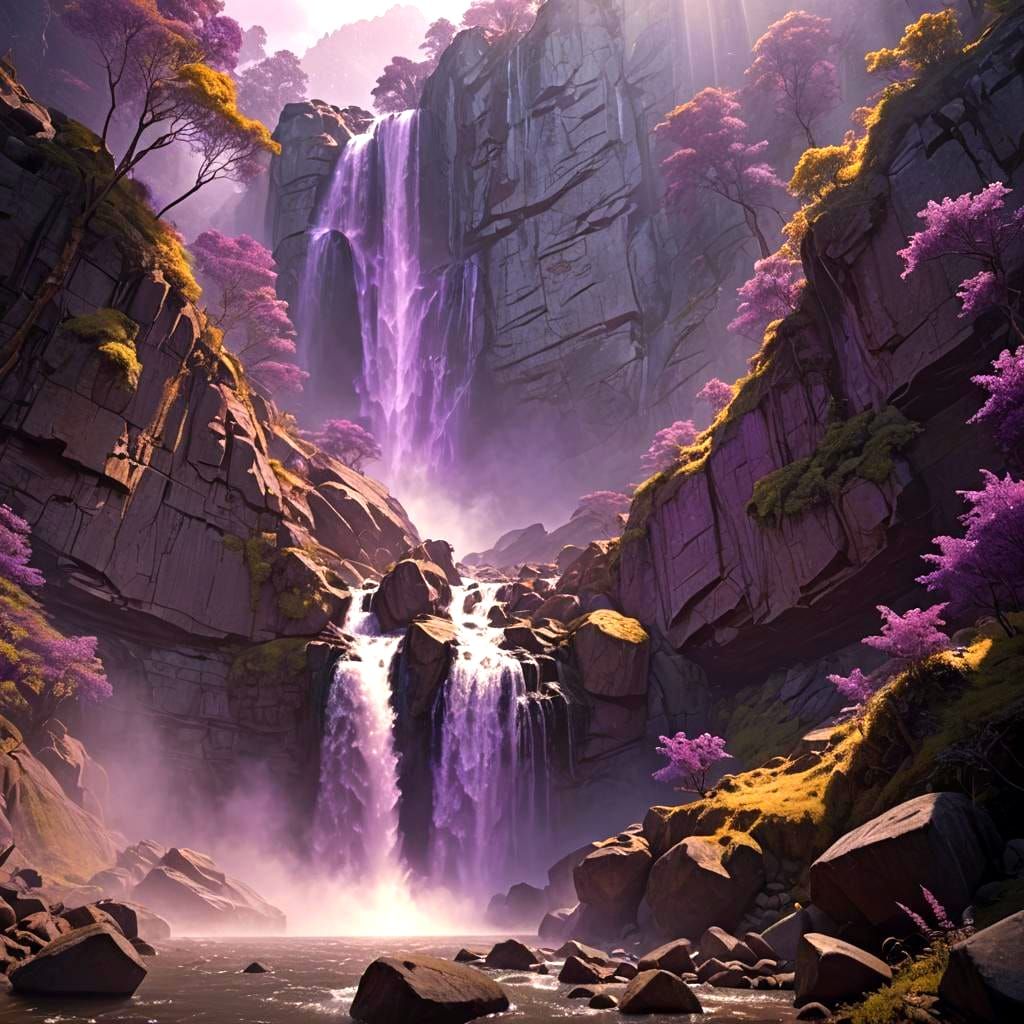Hyperrealistic Purple Waterfall in Digital Matte Painting