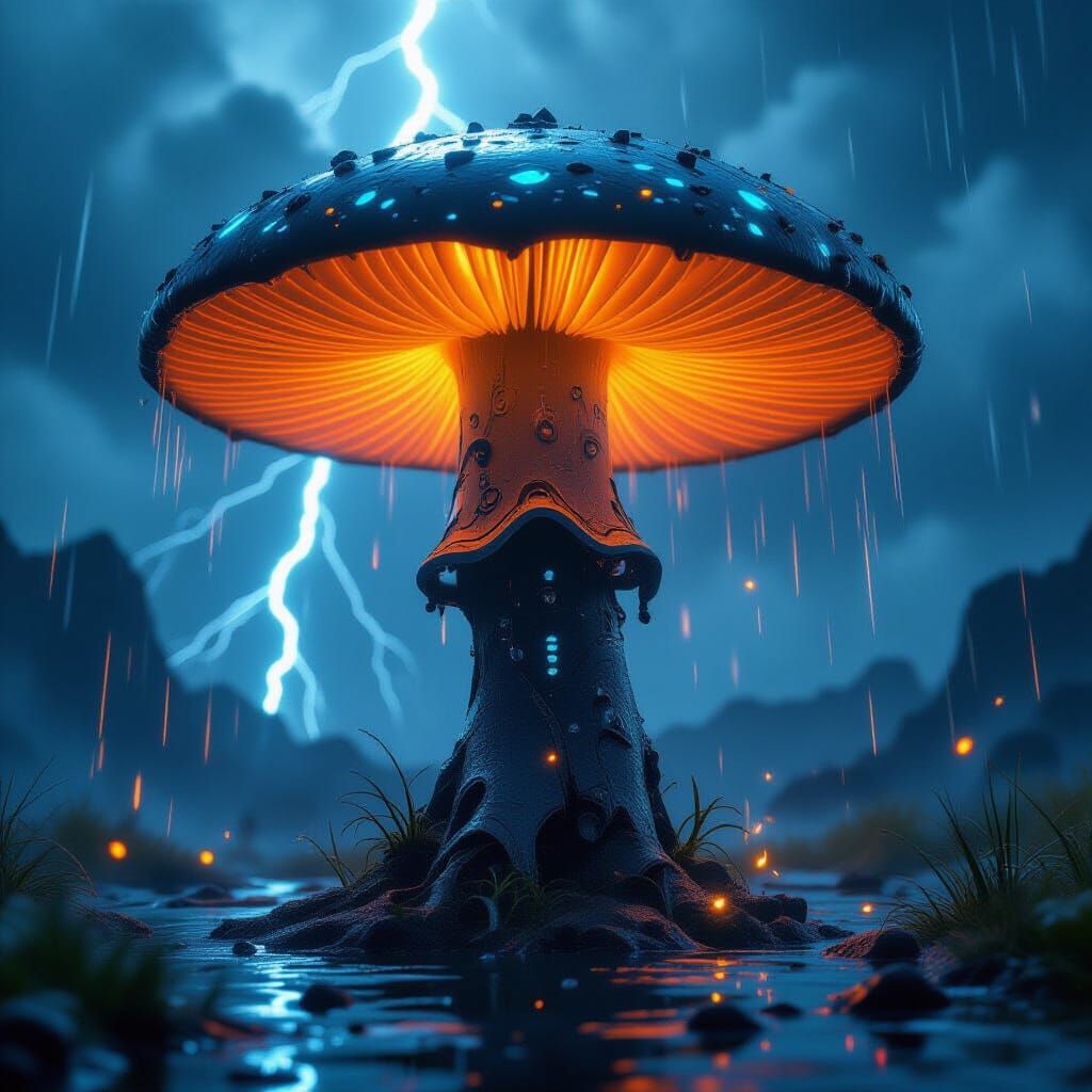 Cyberpunk Mushroom Armor Hovering in Storm