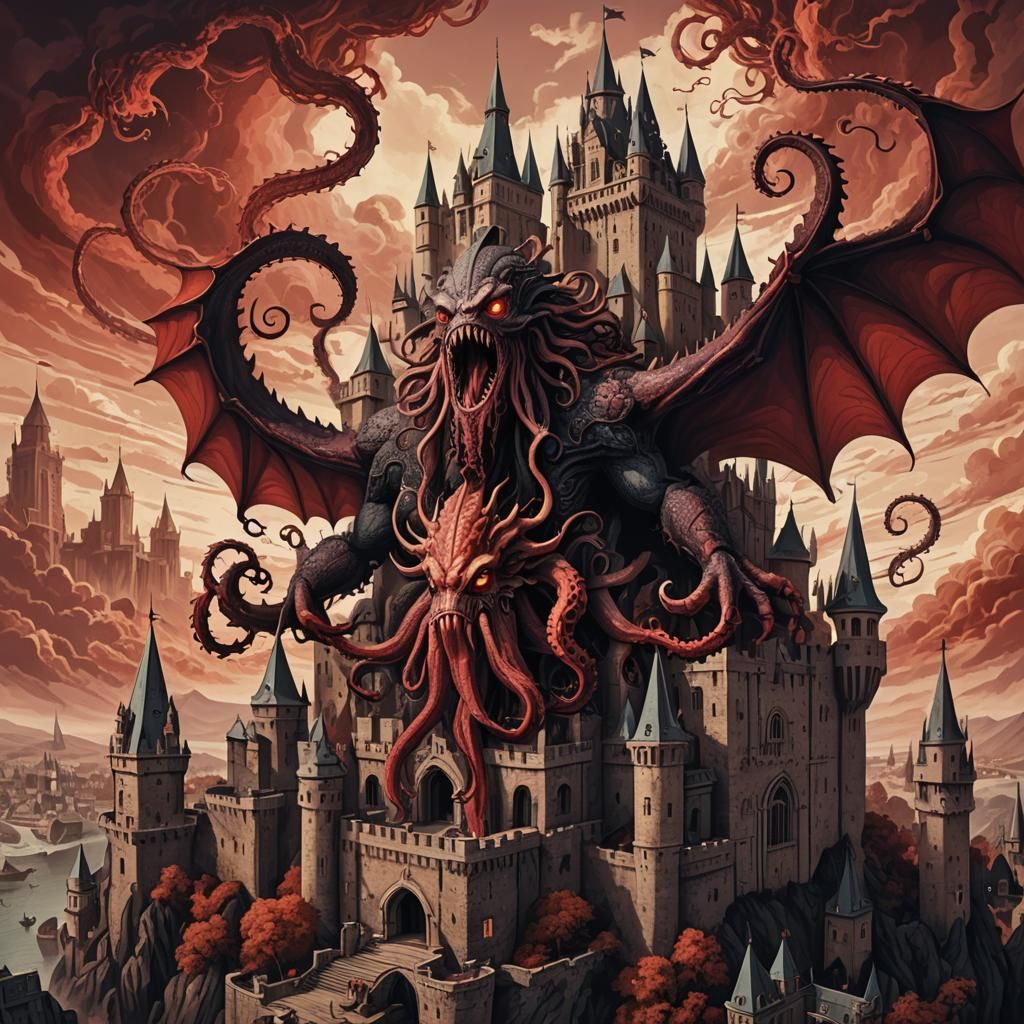 Eldritch Kraken Attacks Castle in Dark Red Hues