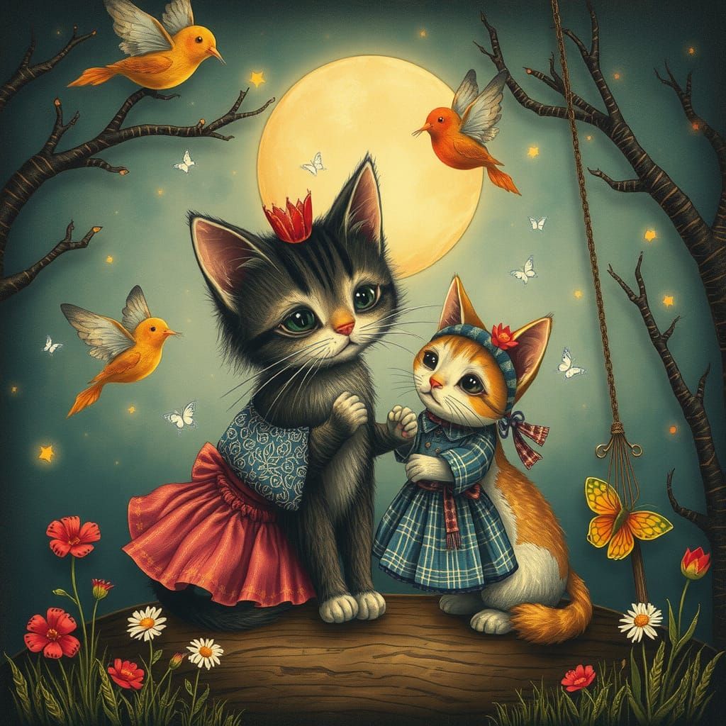 Whimsical Kitten and Friends in Vivid Colors
