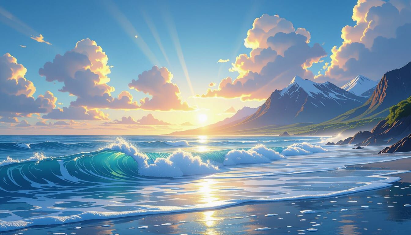 Serene Ocean Waves and Mountain Sunrise in 3D Art