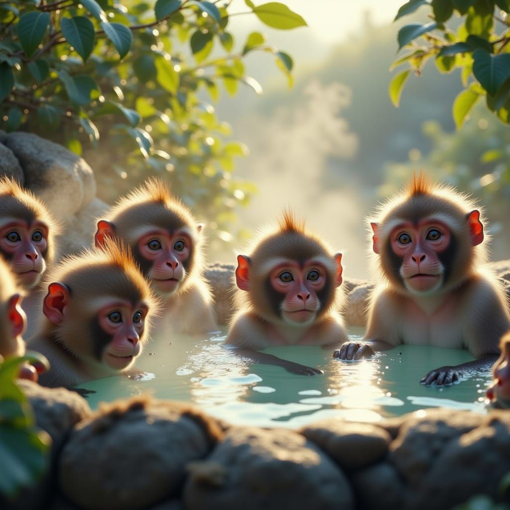 Playful Monkeys Relaxing in a Natural Hot Spring Whirlpool