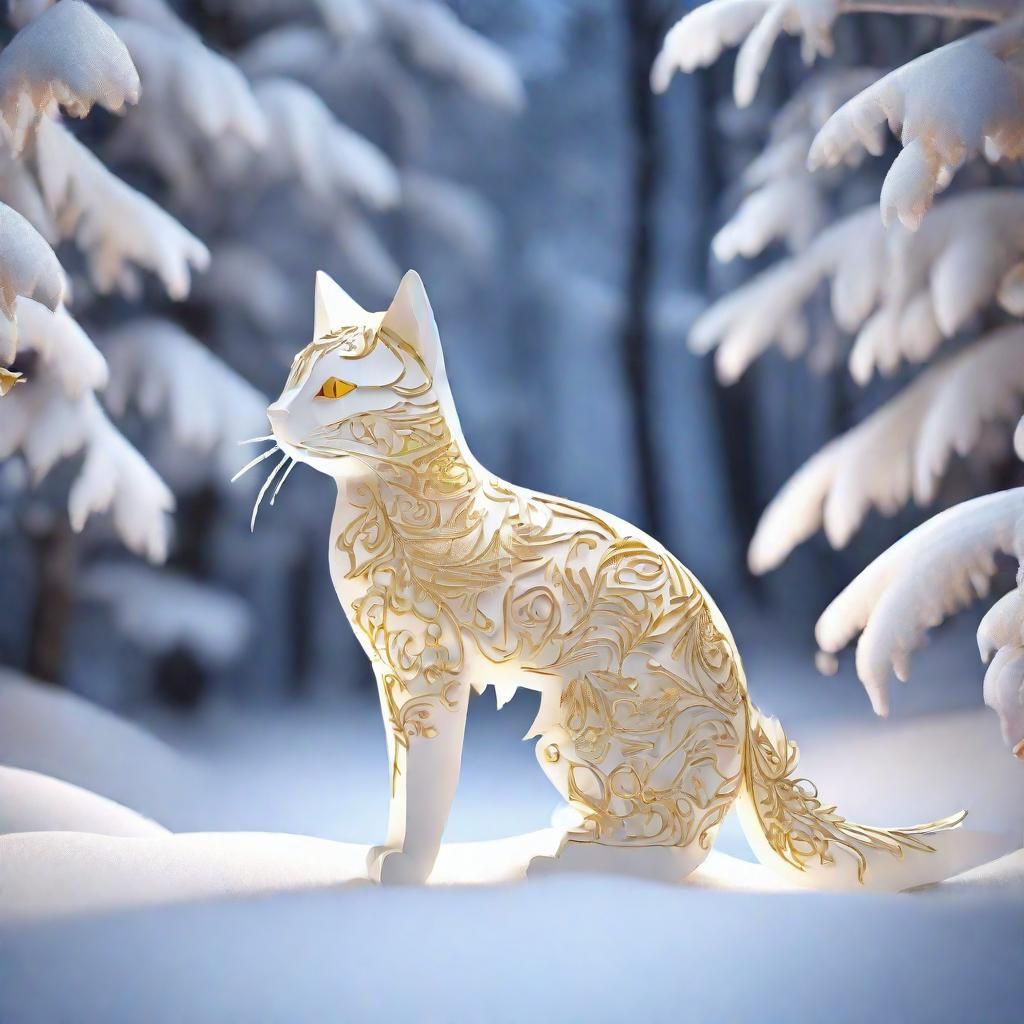 Kirigami Cat in Snowy Forest: 3D Anime Art