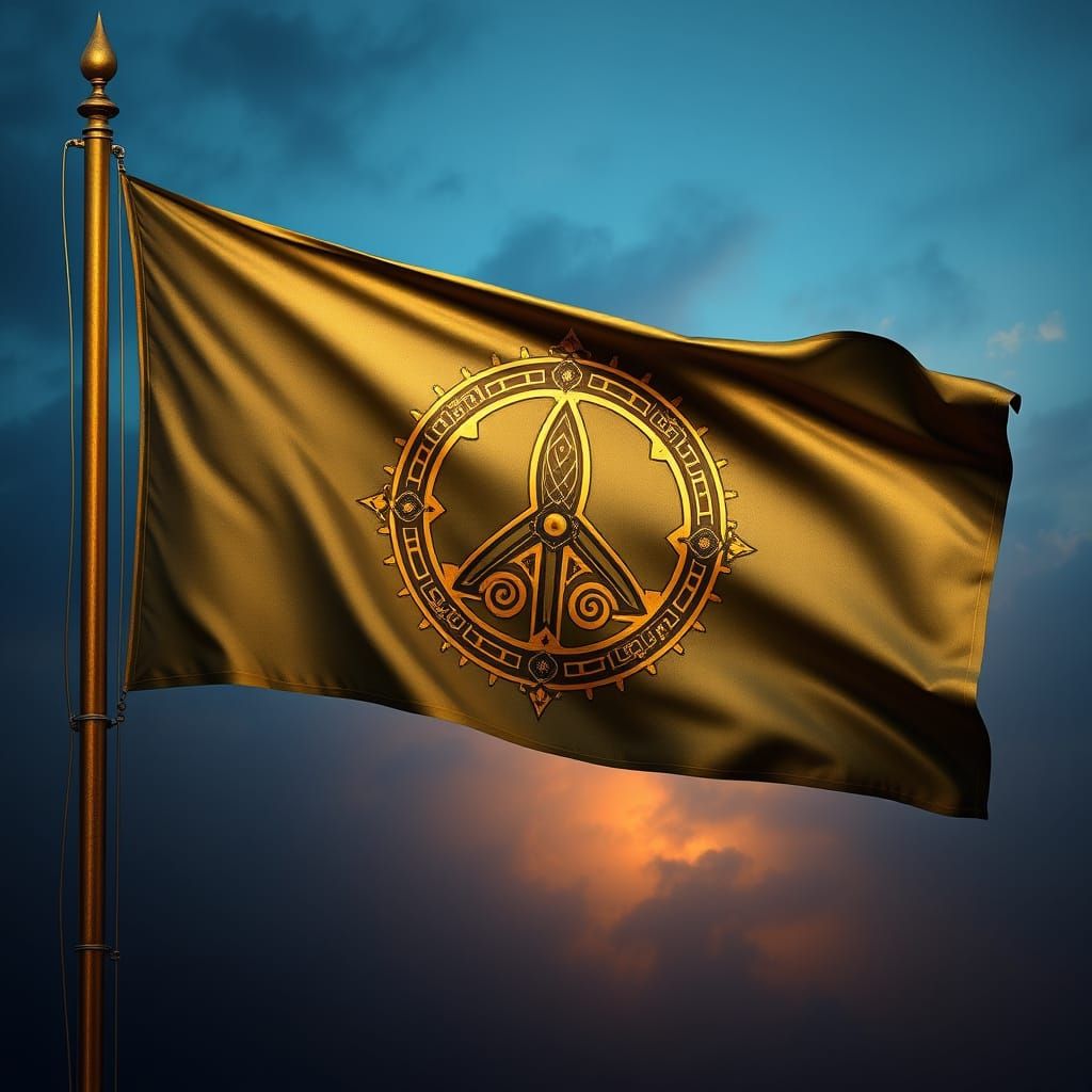 Steampunk Flag of Peace and Unity in Vibrant Yellow