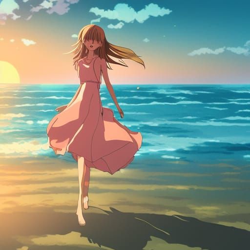 Cute Girl Spinning on Beach in Ghibli Anime Style