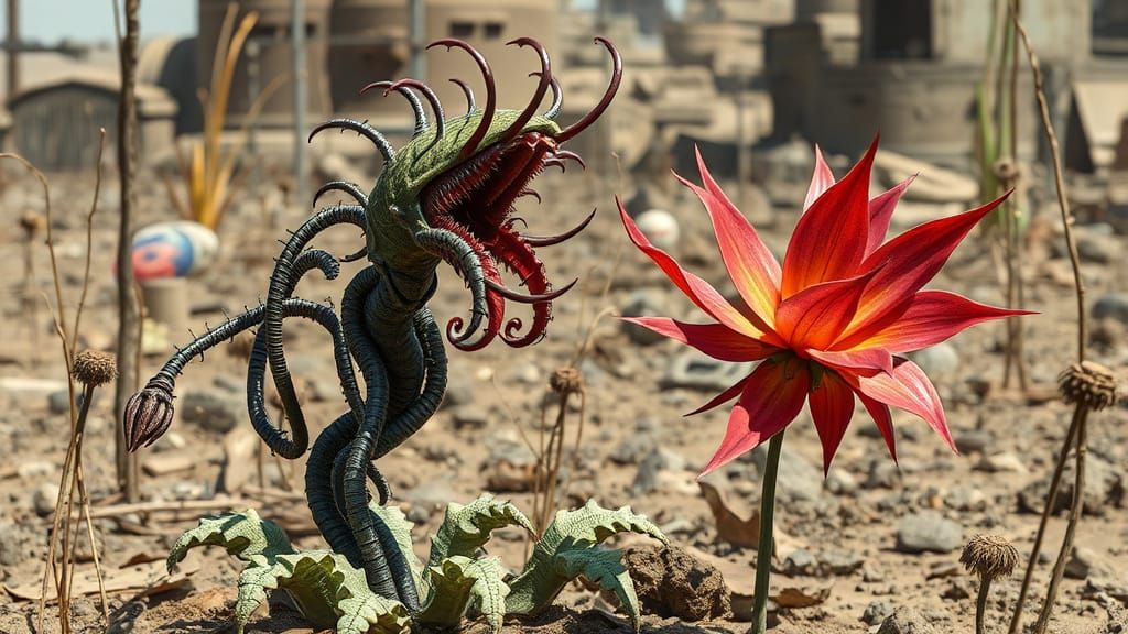 A carnivorous plant with metallic vines and razor-sharp peta...