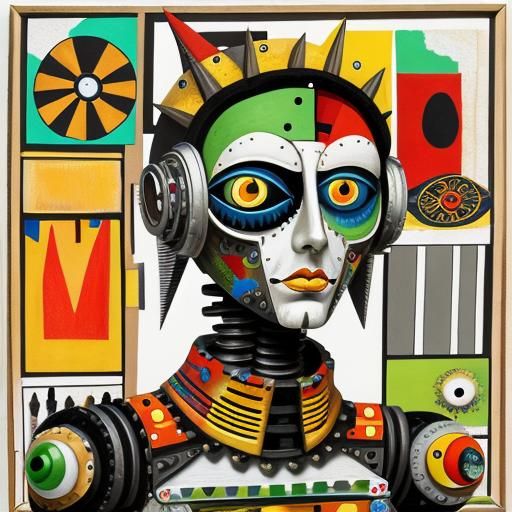 Scrap Robot Portrait in Surreal Folk Art Collage
