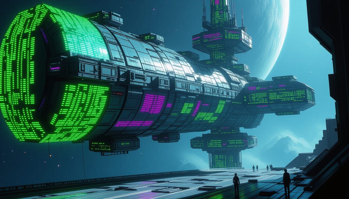 Hyper-Realistic Pencil Drawing of a Matrix Code Space Statio...