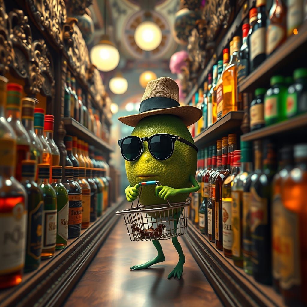 Lime in a Duty-Free Shop Searches for Perfect Liquor